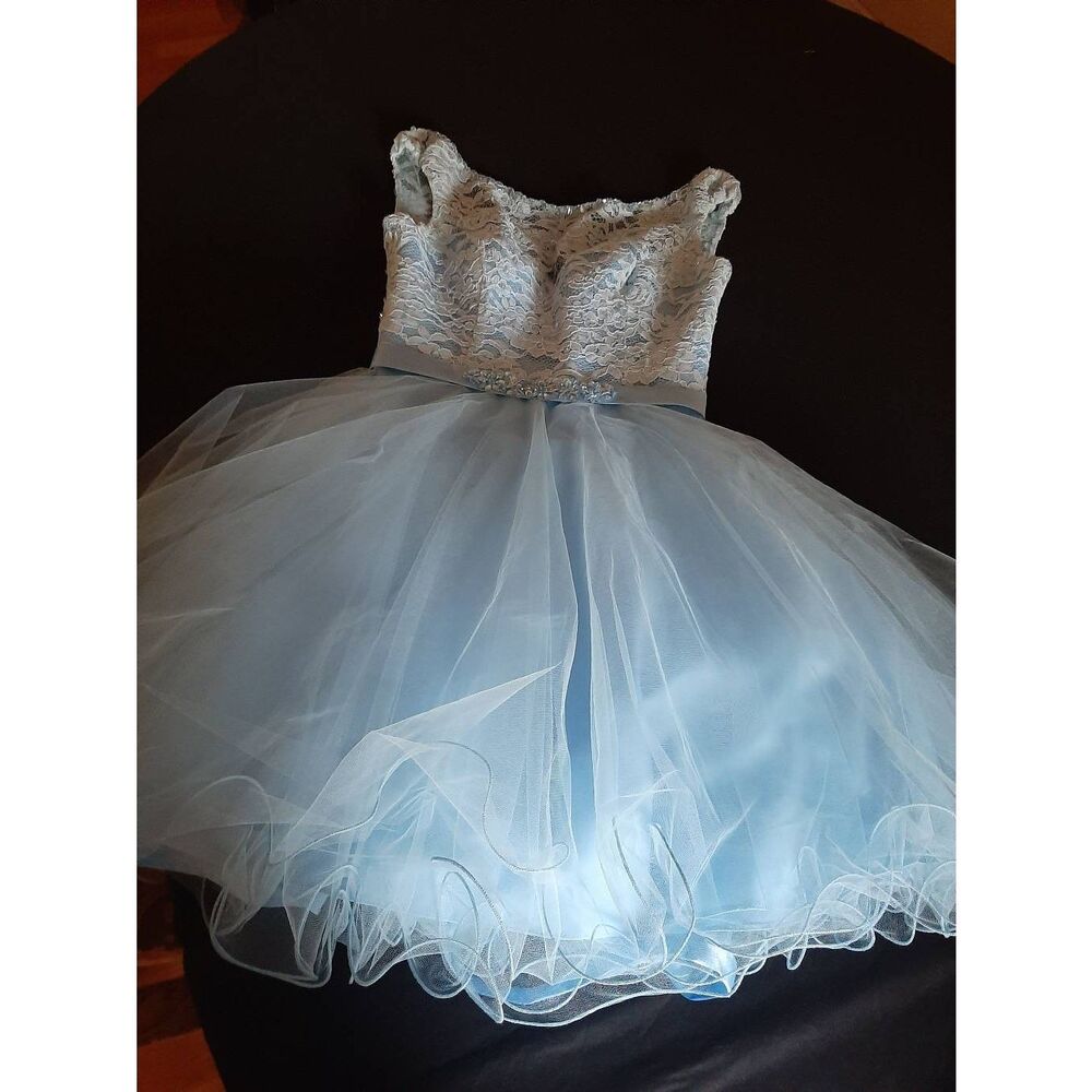 Size 4 Morilee Madeline Gardner Blue Lace Rhinestone Sequin Formal Prom Dress